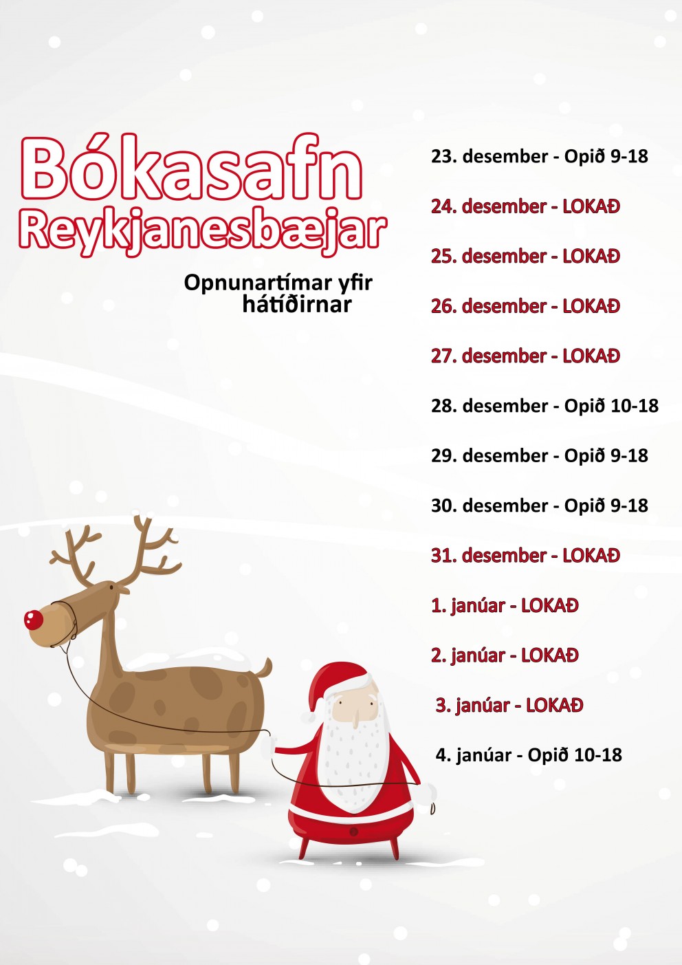 Opnunartímar í Bókasafni Reykjanesbæjar yfir hátíðirnar 2015/2016